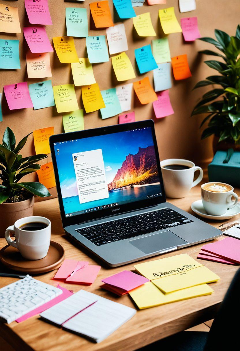 A cozy desk setup featuring a laptop with an open digital diary, surrounded by colorful sticky notes and a steaming cup of coffee. The background showcases an inviting, warm-toned room filled with plants and motivational quotes on the walls. Include hands typing on the keyboard, representing active engagement. The scene conveys creativity and connection to the audience. vibrant colors. 3D.