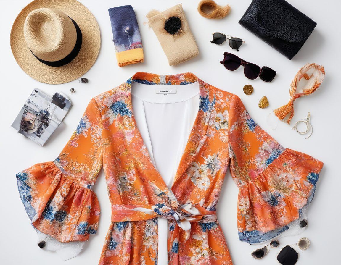 A stylish flat lay featuring a vibrant array of fashion accessories that reflect current Sneeves trends, including unique sleeves, textures, and colors. Incorporate trendy fabrics like chiffon and silk alongside chic items like sunglasses and hats, all set against a clean white background. Add hints of social media icons and writing tools to symbolize engagement and blogging. super-realistic. vibrant colors. white background.