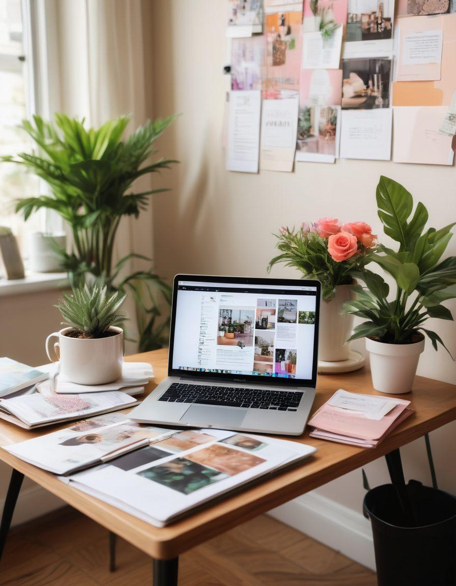 A stylish, modern workspace featuring a laptop with a vibrant online journal open, surrounded by chic fashion magazines and colored swatches. A trendy coffee cup and decorative plants enhance the cozy atmosphere. In the background, a vision board showcasing Sneeves style and fashion trends adds personality. Soft natural light illuminates the scene. super-realistic. vibrant colors.